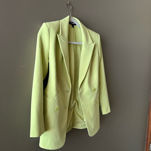 {Express} Double-Button Boyfriend Blazer {Lemon Lime} Yellow Green XS - Picture 3 of 6